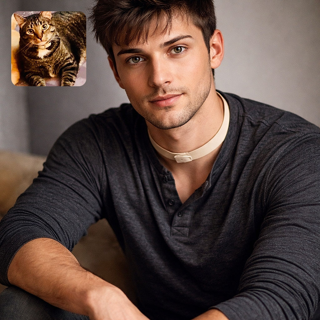 A close-up of a tabby cat lounging comfortably, its eyes wide and alert as if plotting world domination or just waiting for dinner. The background is softly blurred, highlighting the cat's striped fur and white chest patch.