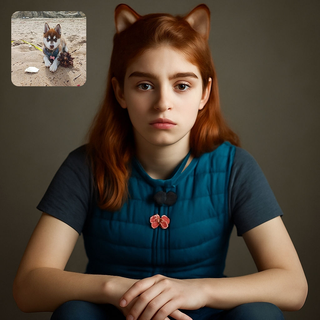 A charming husky puppy with heterochromia (one blue eye and one brown eye) lounges on the sandy beach next to a pine cone and a shell, wearing a harness and a pink bone-shaped tag, looking curiously at the camera with a backdrop of rocky terrain.