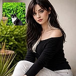 A sleek black and white cat sits majestically on a stone surface, surrounded by lush green foliage and a rustic flower pot, looking directly at the camera with curious bright eyes as if guarding the garden kingdom.