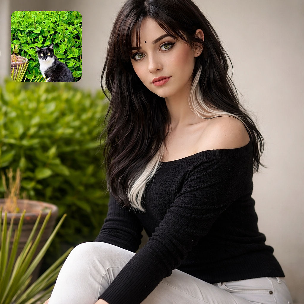 A sleek black and white cat sits majestically on a stone surface, surrounded by lush green foliage and a rustic flower pot, looking directly at the camera with curious bright eyes as if guarding the garden kingdom.