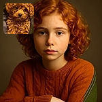 An adorable fluffy brown puppy with curly fur is nestled comfortably, looking straight at the camera with soulful eyes. The cozy setting and warm lighting highlight the pup's soft texture, making it look like the perfect cuddle buddy.