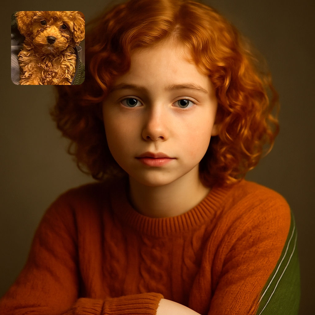 An adorable fluffy brown puppy with curly fur is nestled comfortably, looking straight at the camera with soulful eyes. The cozy setting and warm lighting highlight the pup's soft texture, making it look like the perfect cuddle buddy.