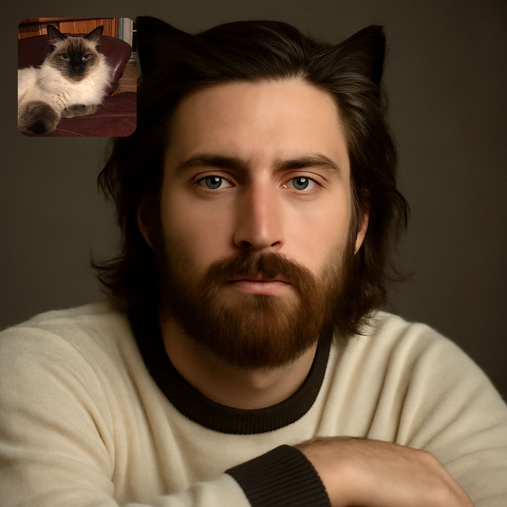 A fluffy cat with striking dark facial markings lounges comfortably on a maroon leather chair, looking directly at the camera with a calm and regal expression in a cozy indoor setting.