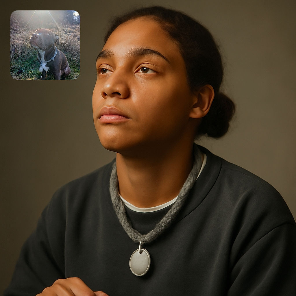 A charming dog sits attentively on a grassy patch, bathed in soft sunlight with a gentle lens flare from the sun above, surrounded by dry grass and trees in the background, looking up with curious eyes.