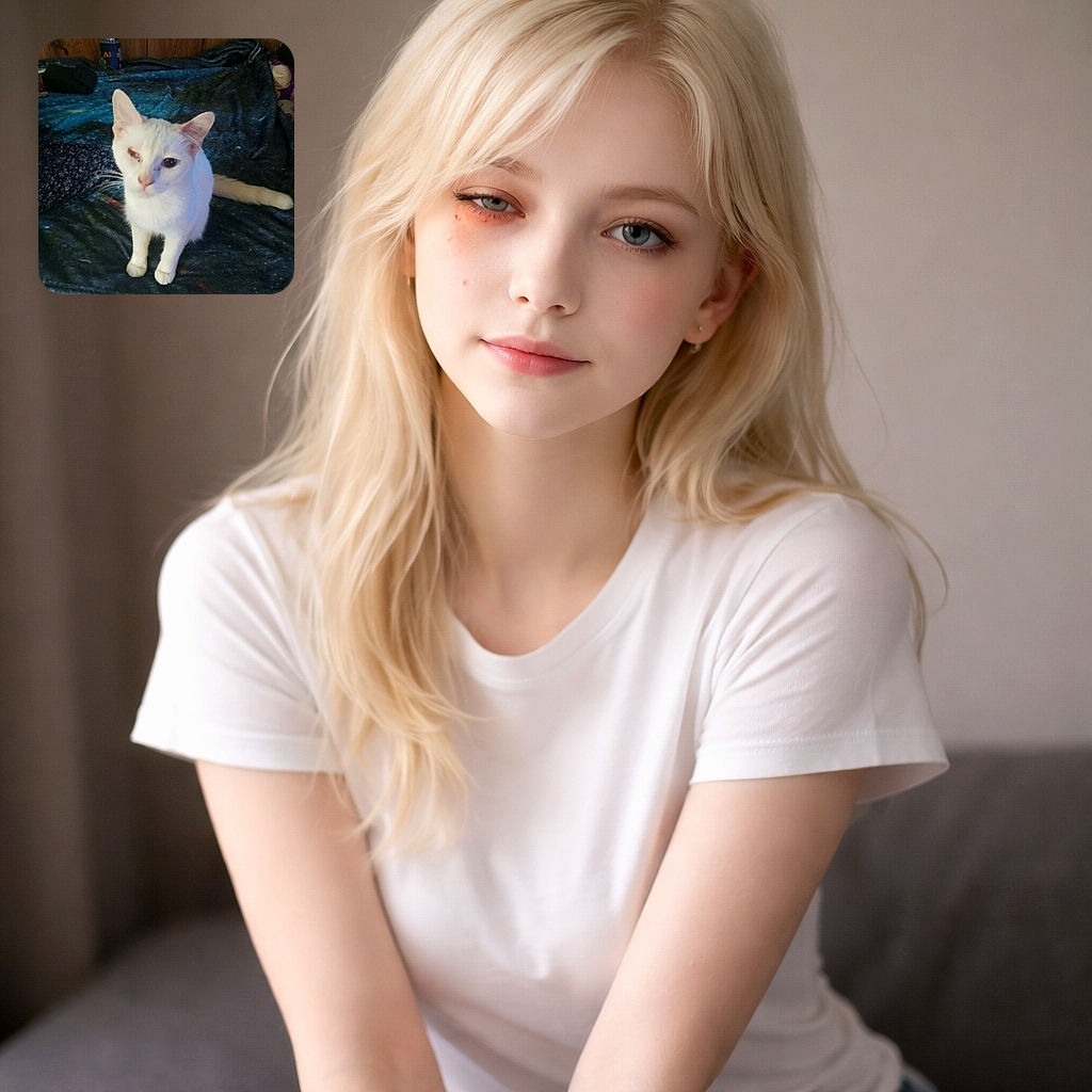 A charming one-eyed white cat sits on a dark patterned blanket like it owns the place — one eye giving a skeptical squint, the other surveying the room. Background shows wood paneling, a water bottle and a plush toy peeking out, while the cat's paws and tail are front-and-center as if posing for a sleepy portrait.
