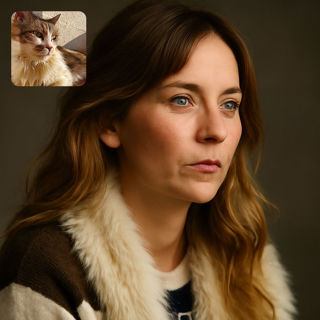 A majestic fluffy cat basks in warm sunlight, its fur glowing golden and eyes reflecting a calm, thoughtful gaze. The textured wall and soft shadow in the background add a cozy, sunlit ambiance.