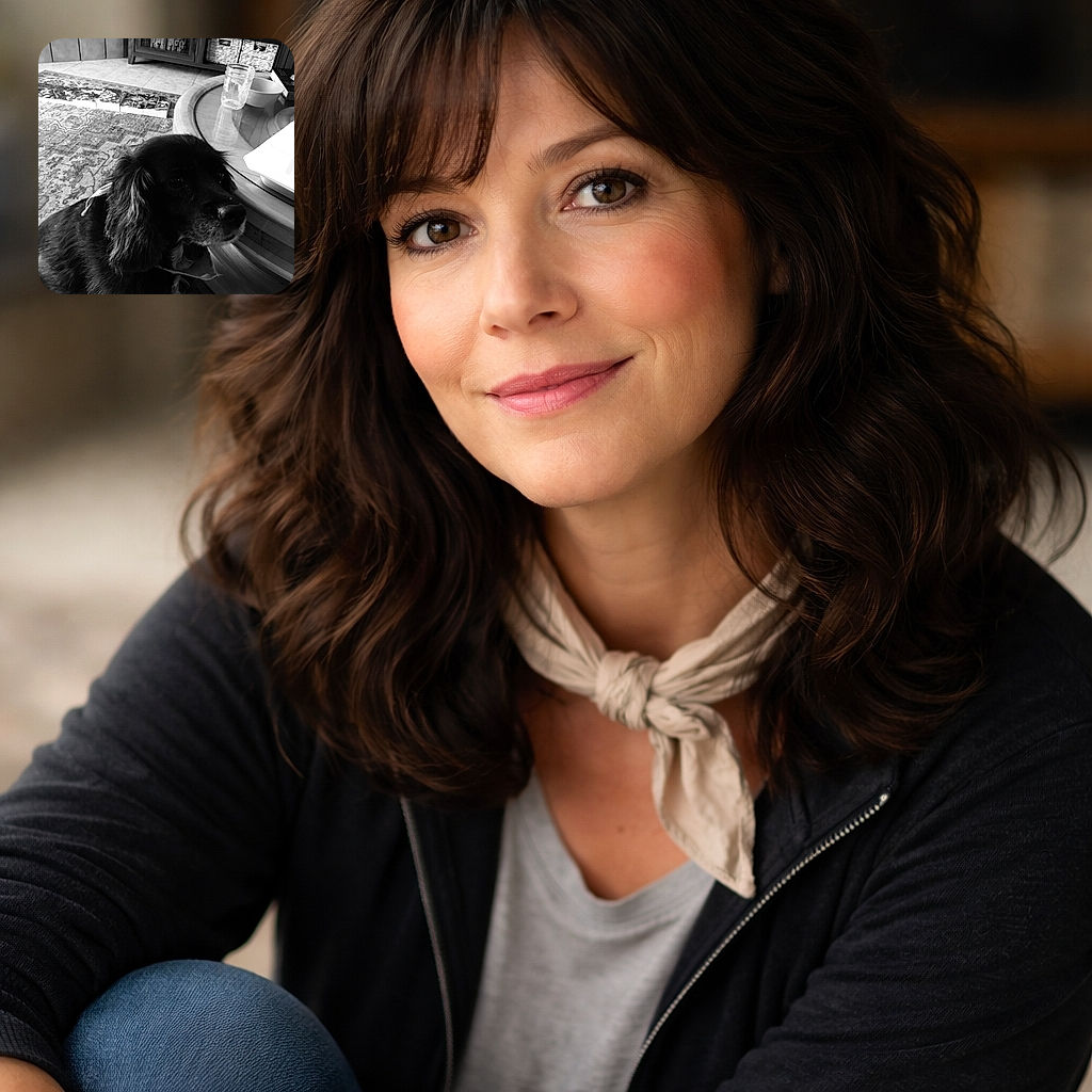 A soulful black-and-white dog stares up with melodramatic eyes as if auditioning for a noir film; mason jar and bowl on the coffee table, patterned rug and bookshelf in the background — the pupper clearly owns the room (and the snack hopes).