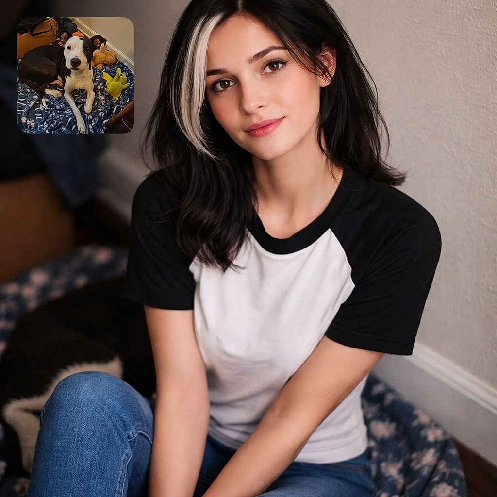 A soulful black-and-white dog stares up with big eyes from a messy cozy corner — surrounded by a floral blanket, a plush bear and a well-loved Pikachu, looking like it politely demands attention (and maybe a treat). The scene is warm, a little cluttered, and utterly charming.