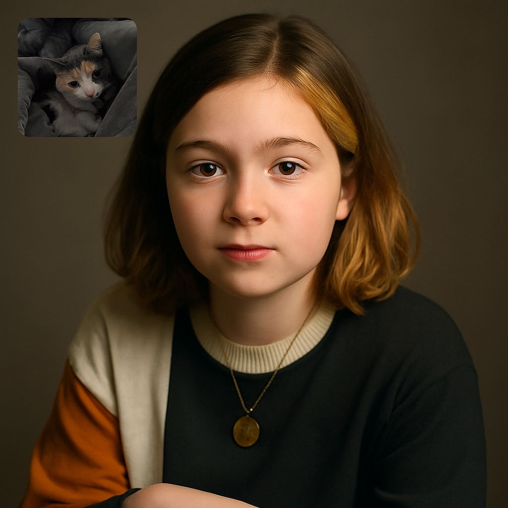 A cozy cat nestled snugly in a pile of soft blankets, looking curiously at the camera with wide eyes, blending into the warm, muted tones of the surroundings.