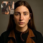 A close-up photo of a dog with soulful eyes and a slightly tilted ear, wearing a collar indoors. Behind the dog, there's a patterned bag and hanging clothes, giving a cozy, lived-in vibe.