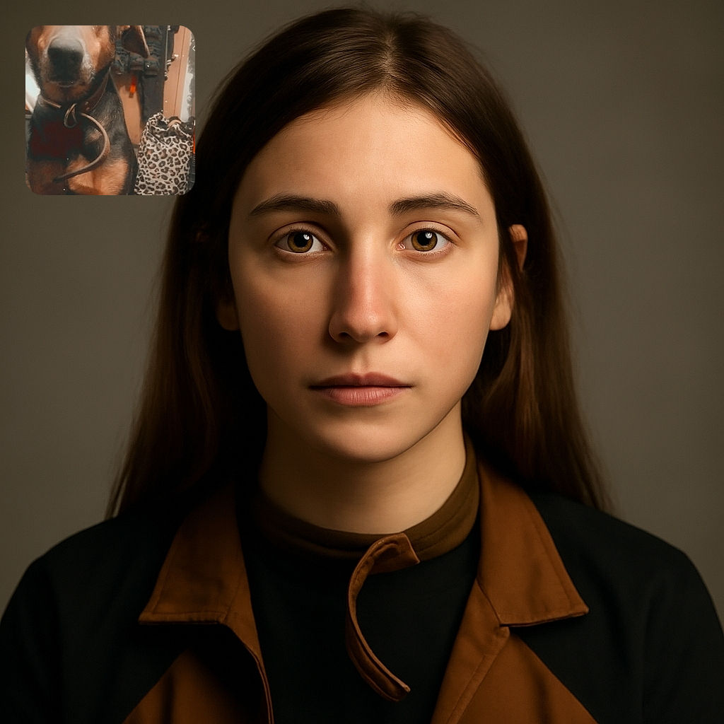 A close-up photo of a dog with soulful eyes and a slightly tilted ear, wearing a collar indoors. Behind the dog, there's a patterned bag and hanging clothes, giving a cozy, lived-in vibe.