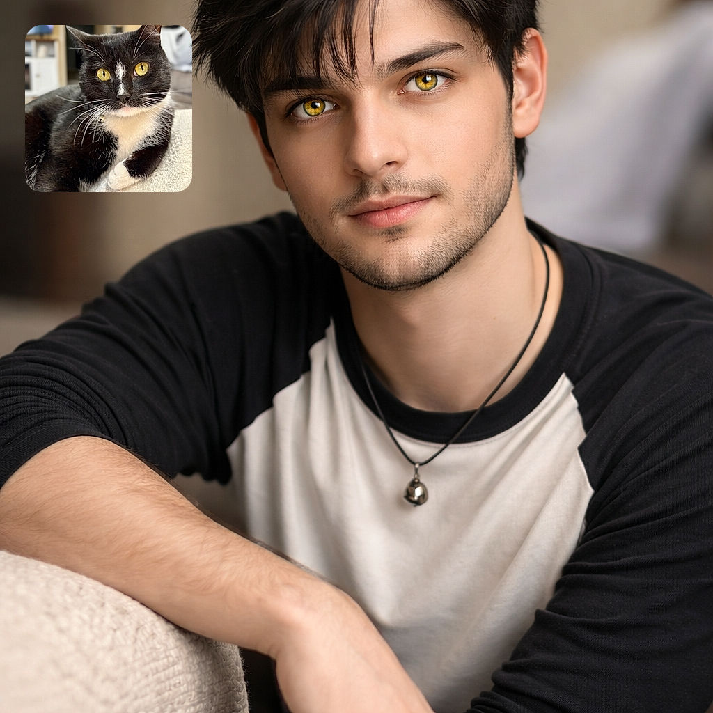 A tuxedo cat delivering a slow, golden-eyed stare of regal judgement — whiskers perfectly fanned, one paw daintily posed on a cozy blanket while the living room melts into a soft blur. Accessories: tiny bell, maximum attitude.