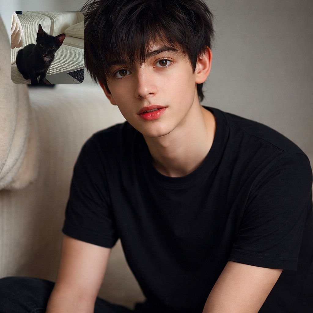 A curious black kitten with a tiny pink tongue peeking out sits attentively on a textured cream bedspread next to a sleek laptop, with soft natural light highlighting its shiny fur and big ears.