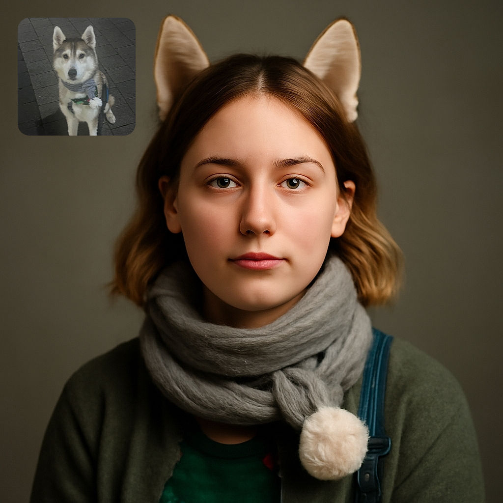 A fluffy husky wearing a cozy scarf sits on a stone-paved street at night, looking curiously at the camera with soft lighting and a slightly blurry focus.