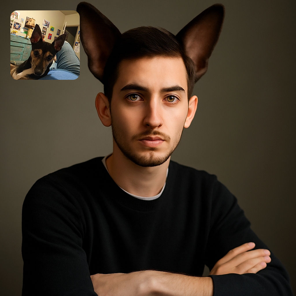 A curious dog with large ears leans close to the camera, resting on a person's lap clad in blue jeans. The background shows a cozy room with colorful artwork and photos on the walls, a rustic blue dresser, and a warm lamp adding to the homely vibe.