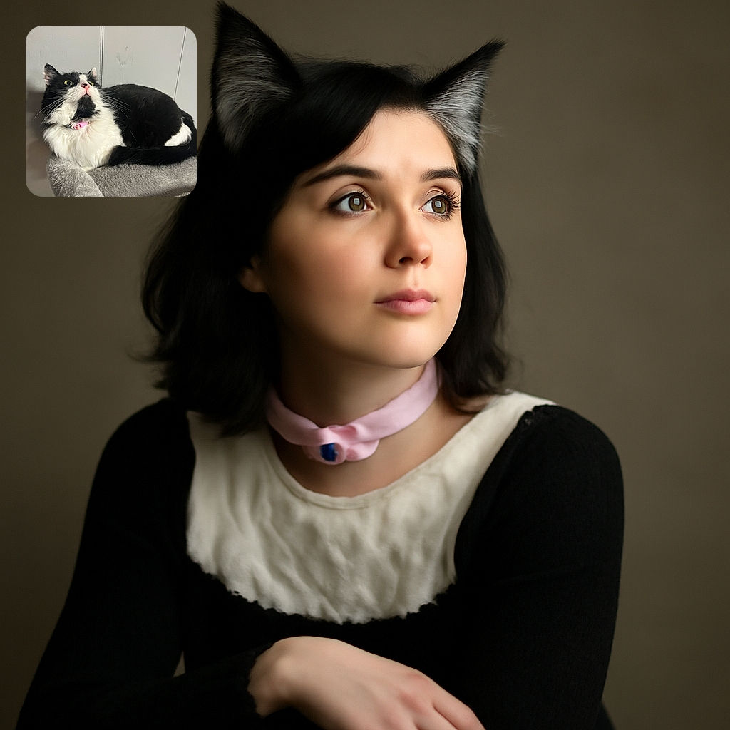A fluffy black and white cat with a pink collar looks up wide-eyed, perched comfortably on a soft gray cat bed against a plain wall, capturing a moment of curious surprise.