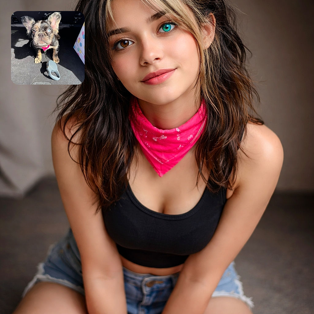 A tiny, adorable puppy with one blue eye and one brown eye looks up curiously from the back of a Jeep, wearing a bright pink collar and attached to a leash handle, surrounded by shadows and a colorful polka-dot bag on the side.