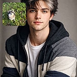 A fluffy dog with striking blue eyes sits attentively on a lush patch of green grass sprinkled with delicate yellow and purple flowers, basking in the sunlight like the regal garden guardian it is.