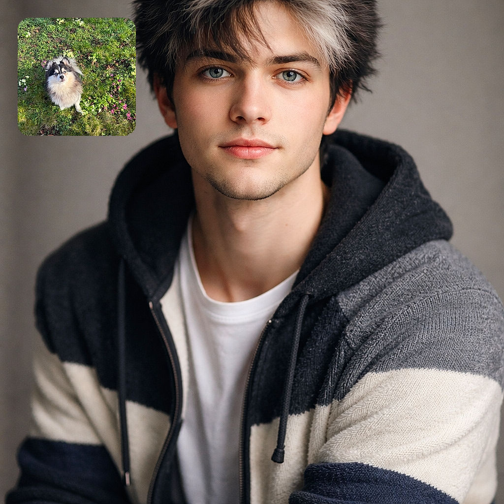 A fluffy dog with striking blue eyes sits attentively on a lush patch of green grass sprinkled with delicate yellow and purple flowers, basking in the sunlight like the regal garden guardian it is.