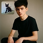 A curious black and white tuxedo kitten with striking amber eyes sits alertly on a textured green blanket against a plain wall, looking ready to pounce or investigate anything that moves.