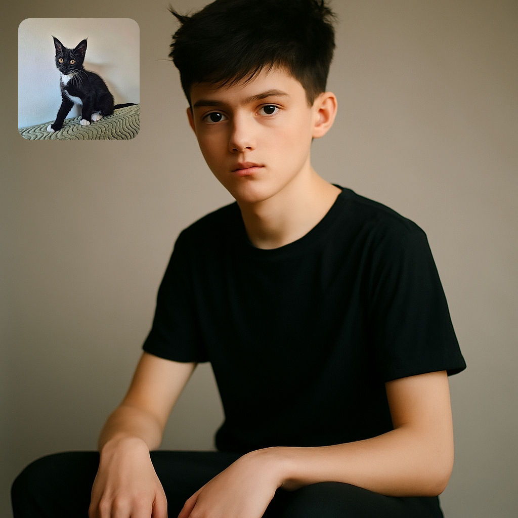 A curious black and white tuxedo kitten with striking amber eyes sits alertly on a textured green blanket against a plain wall, looking ready to pounce or investigate anything that moves.