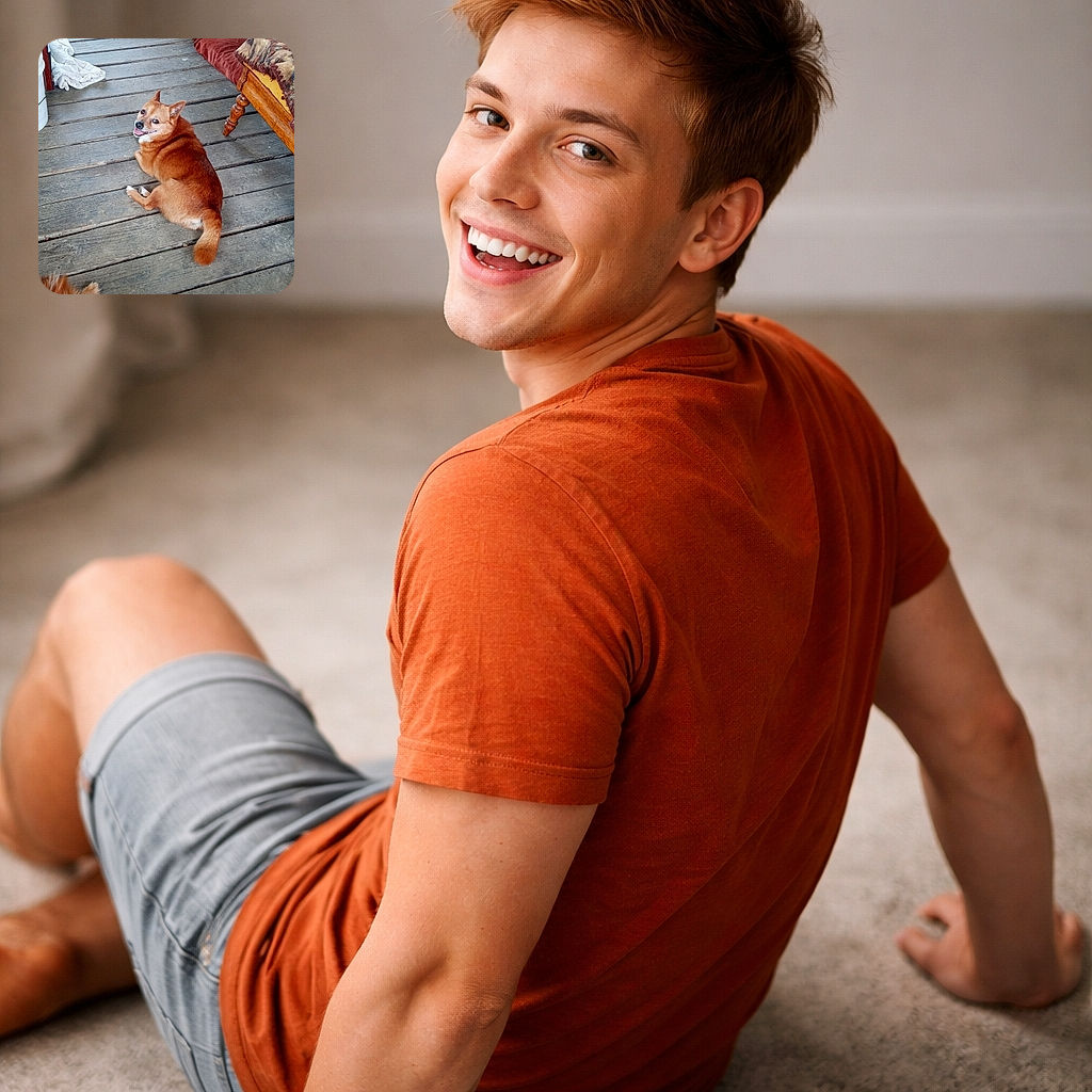 A chubby red-brown dog lounges on a weathered wooden porch, looking back over its shoulder with a goofy grin and tongue out while a second furry snout peeks in from the bottom-left — cozy blanket and a cushioned wooden chair sit nearby.