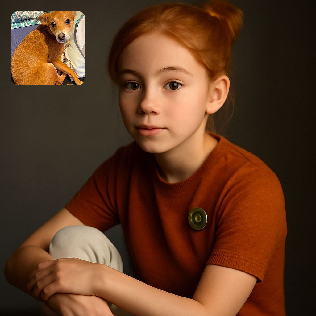 A cute brown dog curled up on a bed with patterned blankets, giving a curious look to the camera with its big shiny eyes, surrounded by cozy bedding and a small white object nearby.