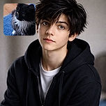 A fluffy black and white cat with striking whiskers sits attentively on a blue textured rug, its bright eyes looking curiously off to the side against a wooden floor background.