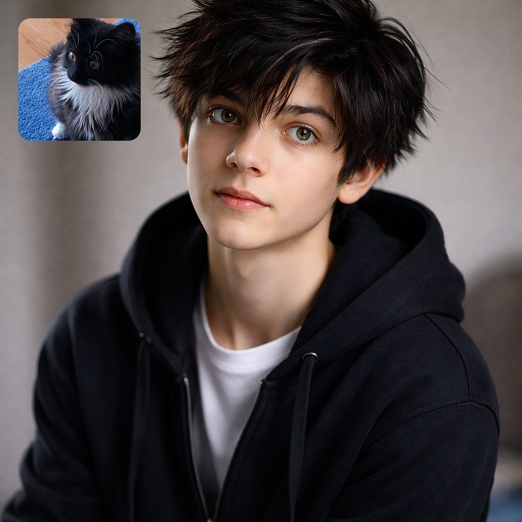 A fluffy black and white cat with striking whiskers sits attentively on a blue textured rug, its bright eyes looking curiously off to the side against a wooden floor background.
