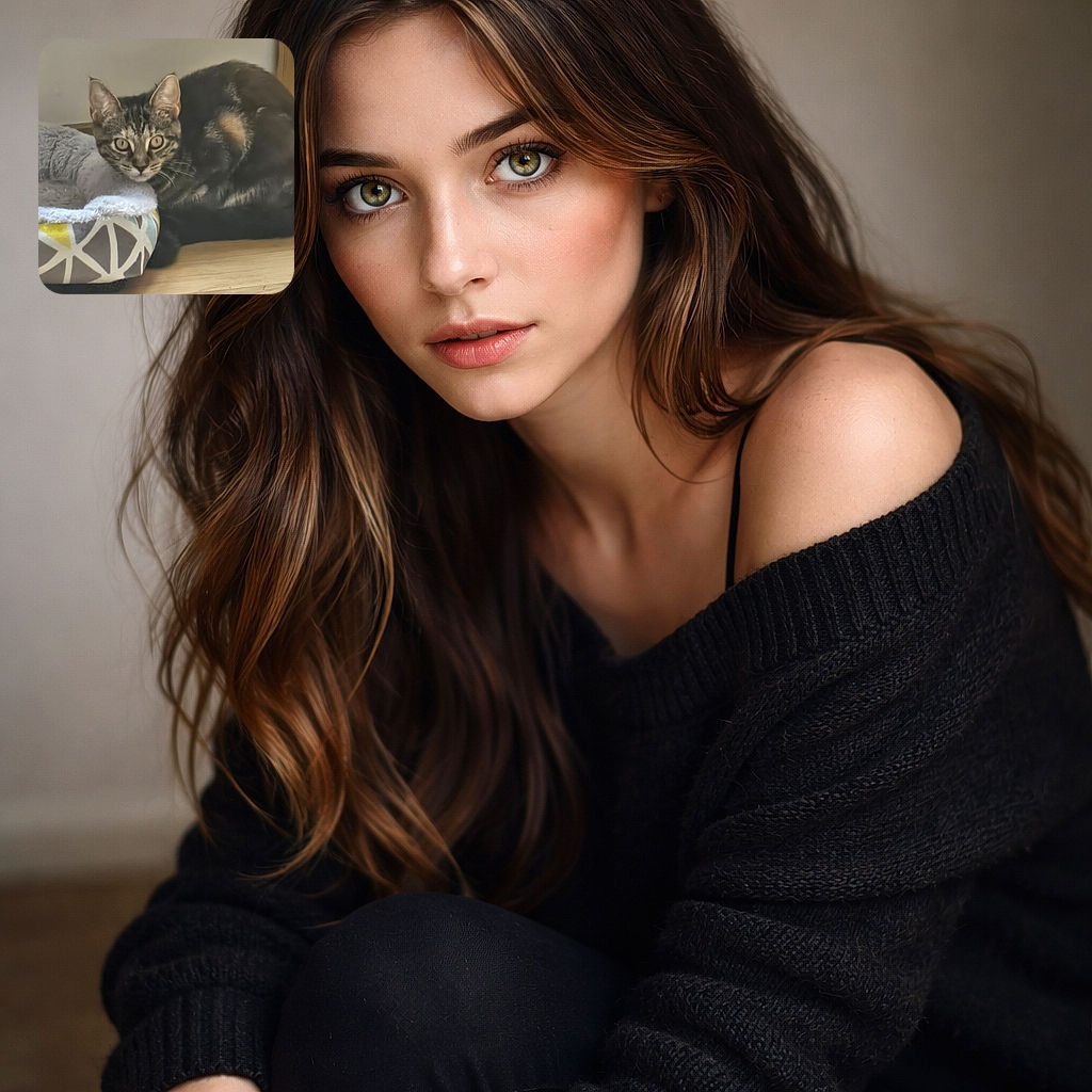A curious tabby cat with striking eyes peeks out from behind a cozy, patterned pet bed on a wooden floor, ready to pounce or nap at any moment.