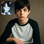 A curious black and white kitten with bright blue eyes looks off to the side, standing on a textured surface with a wooden background. The image is slightly grainy but captures the kitten's innocent and inquisitive expression.