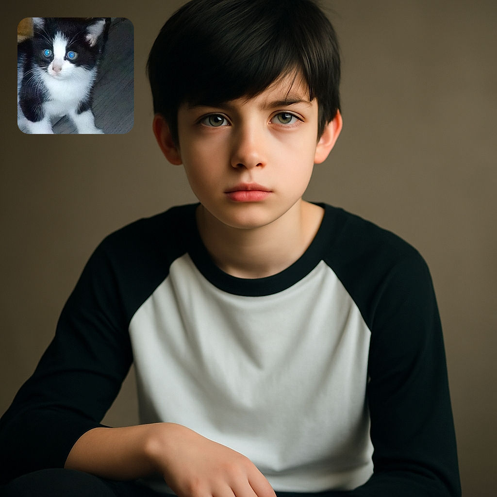 A curious black and white kitten with bright blue eyes looks off to the side, standing on a textured surface with a wooden background. The image is slightly grainy but captures the kitten's innocent and inquisitive expression.