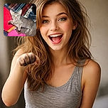 A lively gray tabby kitten caught mid-action with one paw raised and mouth open as if meowing or playfully protesting, set against a colorful and cozy background of blankets and fabrics.