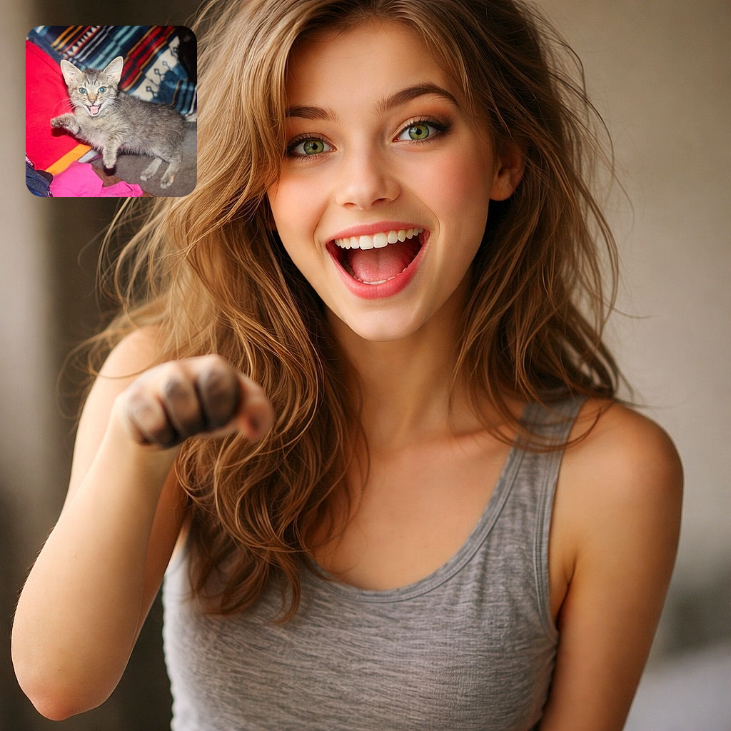 A lively gray tabby kitten caught mid-action with one paw raised and mouth open as if meowing or playfully protesting, set against a colorful and cozy background of blankets and fabrics.