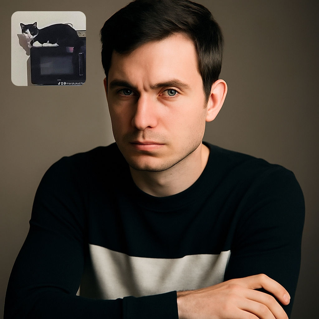 A black and white cat perched on top of a microwave, casting a sharp shadow on the wall, looking curiously towards the camera. The photo has a timestamp and a TikTok watermark overlay, slightly distracting from the scene.