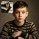 A curious tabby kitten is cozily nestled inside an open black bag on a patterned bedspread, looking straight at the camera with wide, innocent eyes as if ready to pounce on any unsuspecting laptop or homework.