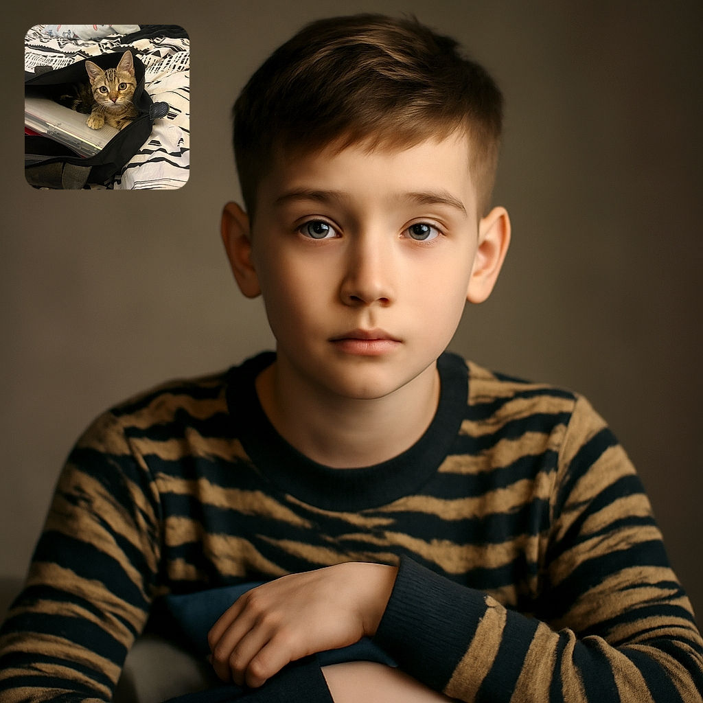 A curious tabby kitten is cozily nestled inside an open black bag on a patterned bedspread, looking straight at the camera with wide, innocent eyes as if ready to pounce on any unsuspecting laptop or homework.