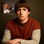 A cozy beagle lounges on a dark couch, looking straight at the camera with soulful eyes, paws tucked neatly in front, and a collar tag glinting slightly in the dim light.