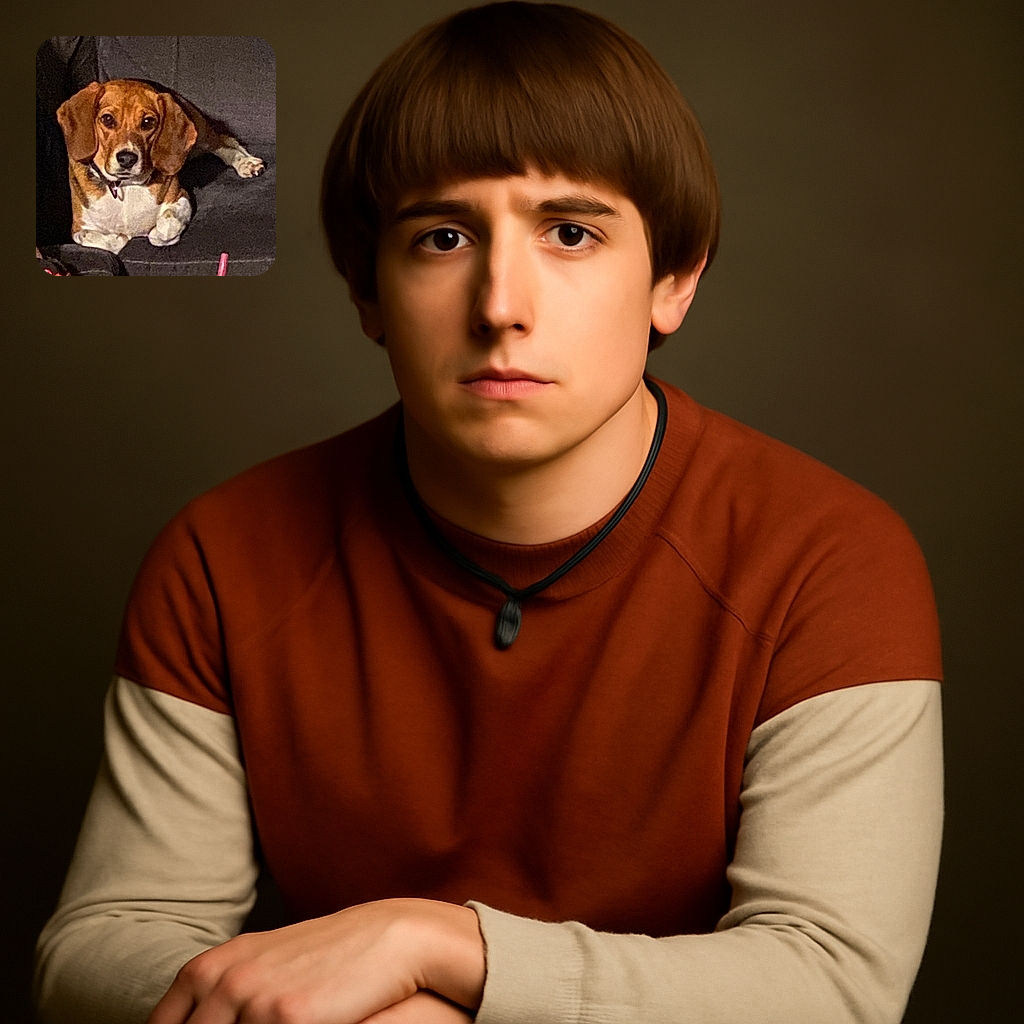 A cozy beagle lounges on a dark couch, looking straight at the camera with soulful eyes, paws tucked neatly in front, and a collar tag glinting slightly in the dim light.