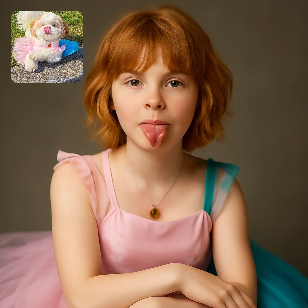 A fluffy white dog wearing a colorful tutu dress lounges on a stone ledge with one paw crossed over the other, tongue playfully licking its nose, surrounded by green grass on a sunny day.