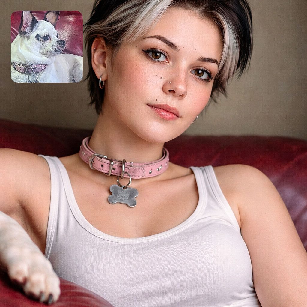 A small white and black dog with big ears lounges on a shiny red leather couch, looking off to the side with a curious expression, wearing a pink collar with a bone-shaped tag.