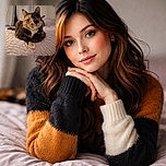 A striking calico cat lounges elegantly on a soft, textured pink bedspread, gazing curiously at the camera with its big, expressive eyes. The background features neutral curtains and a plain wall, creating a cozy indoor setting.