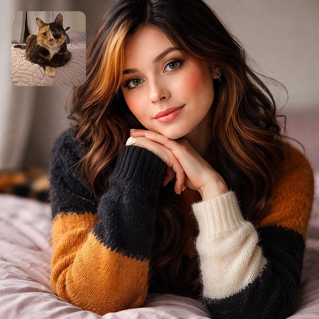A striking calico cat lounges elegantly on a soft, textured pink bedspread, gazing curiously at the camera with its big, expressive eyes. The background features neutral curtains and a plain wall, creating a cozy indoor setting.