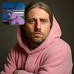 A fluffy cat dressed in a cozy pink robe looks slightly unimpressed while sitting indoors. The background shows a TV screen with some text overlays, adding a humorous vibe as if the cat is judging the screen time.