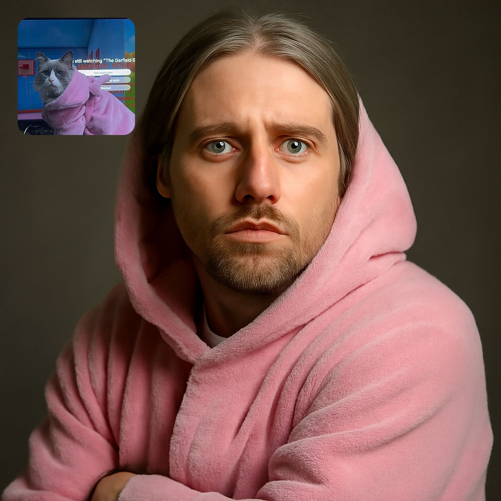 A fluffy cat dressed in a cozy pink robe looks slightly unimpressed while sitting indoors. The background shows a TV screen with some text overlays, adding a humorous vibe as if the cat is judging the screen time.