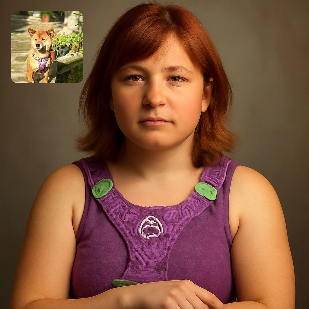 A dignified Shiba Inu wearing a vibrant purple harness sits gracefully on a stone ledge beside a garden pond, basking in the warm sunlight with a serene and slightly contemplative expression.