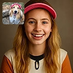 A happy Shetland Sheepdog wearing a pink visor hat, sitting outdoors on a gravel path with a grassy background, smiling with its mouth open and looking directly at the camera.