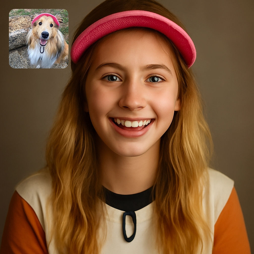 A happy Shetland Sheepdog wearing a pink visor hat, sitting outdoors on a gravel path with a grassy background, smiling with its mouth open and looking directly at the camera.