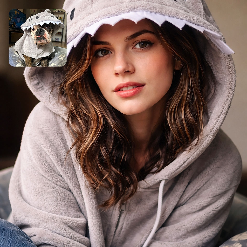 A grumpy bulldog in a shark-shaped towel/hood stares out like a tiny landshark—underbite on full display—perched in its cozy bed while a living room TV and shelves loiter in the background. Pure comedic pet couture.