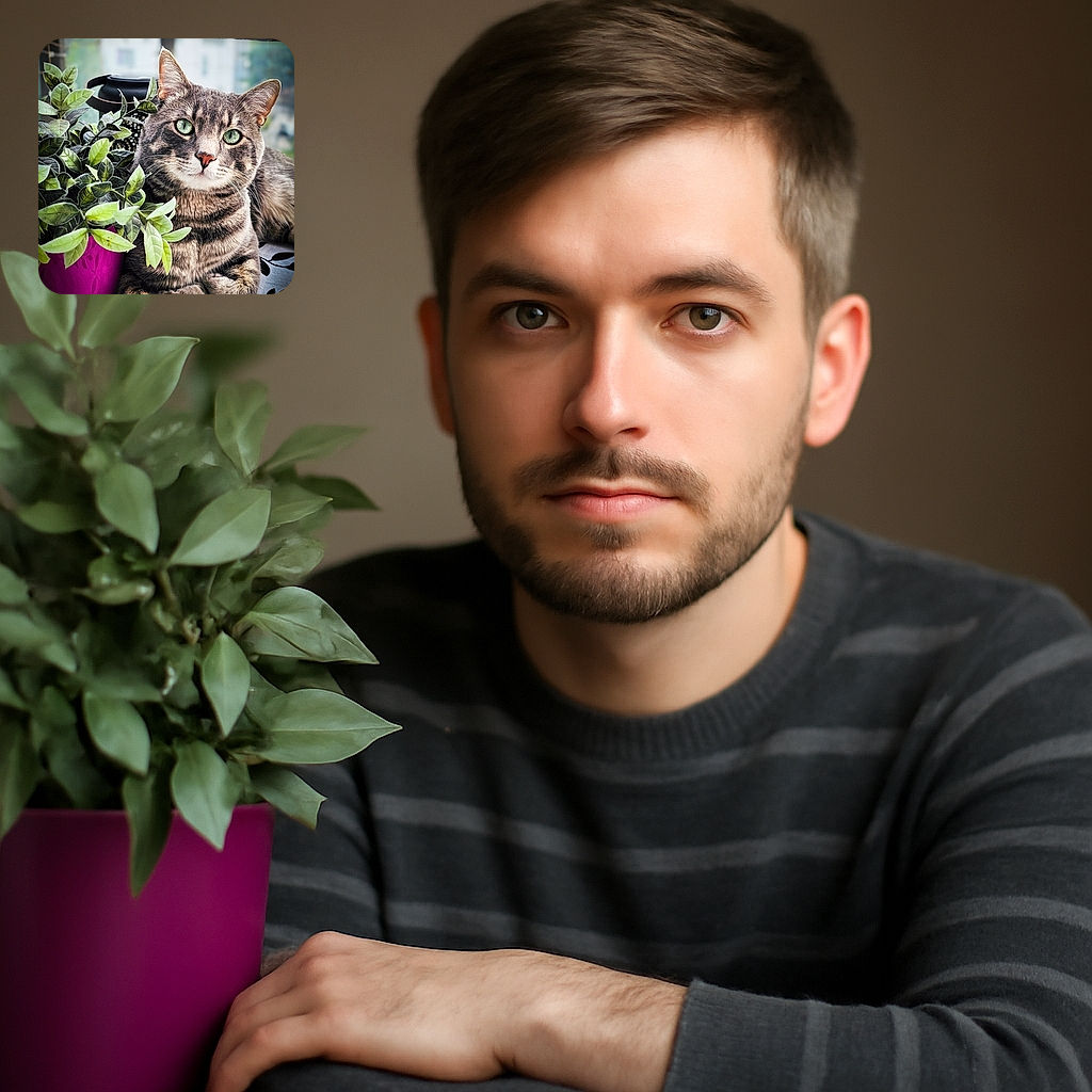 A majestic tabby cat lounges comfortably next to a vibrant purple flower pot with lush green leaves, gazing serenely with striking green eyes, set against a softly blurred urban balcony background.